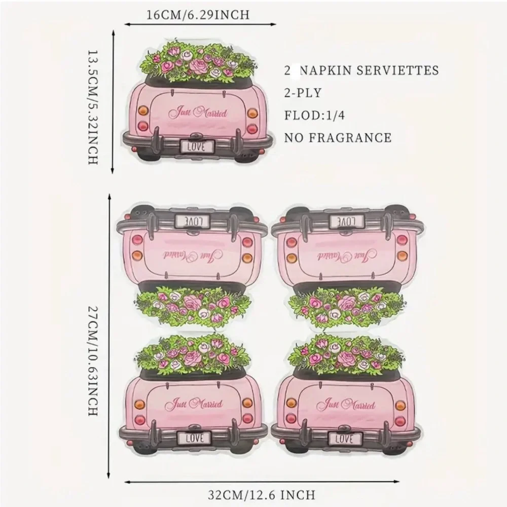 Two (2) Individual Pink Just Married Floral Car Decoupage Shaped Paper Napkins